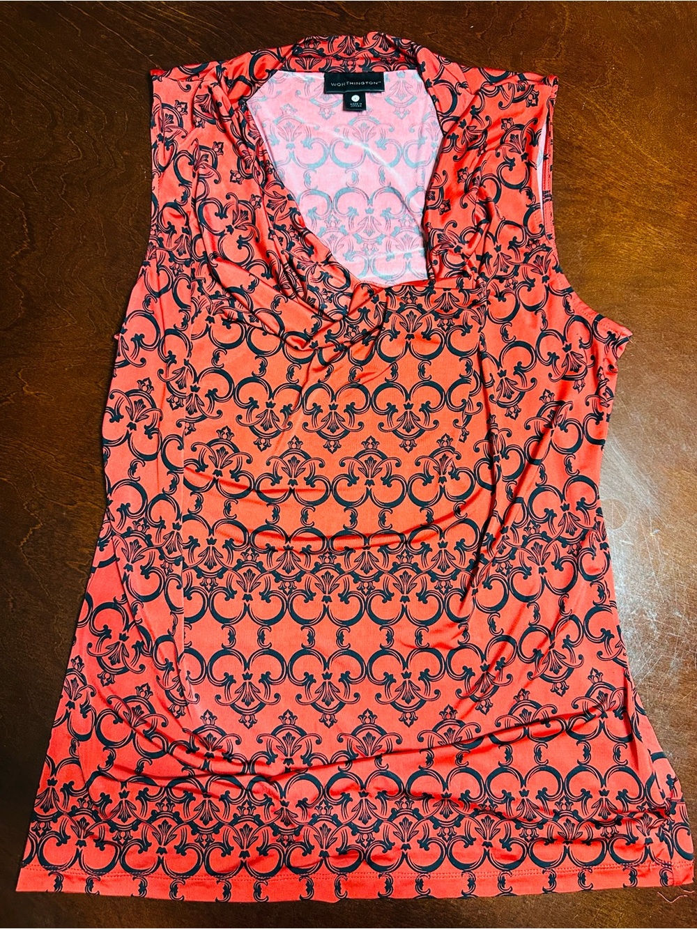 Worthington Coral Sleeveless Cowl Neck Tank with Black Scroll Print